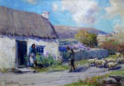 Owen Bowen (British, 1873-1967), A Shepherd passing a cottage with his flock, oil on board, signed