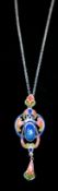 A sterling silver and hand-enamelled pendant on silver chain (in the style of Charles Horner) -