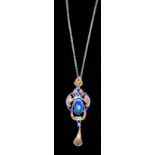 A sterling silver and hand-enamelled pendant on silver chain (in the style of Charles Horner) -