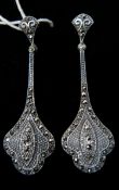 A pair of sterling silver Art deco style drop earrings studded with marcasites, L: 6.5cm, 12.8g