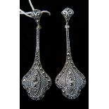 A pair of sterling silver Art deco style drop earrings studded with marcasites, L: 6.5cm, 12.8g