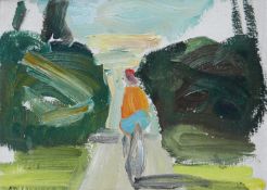 Lidiya Davidenkova (Russian, b. 1939) 'Summer', a cyclist on a tree lined path, oil on canvas laid