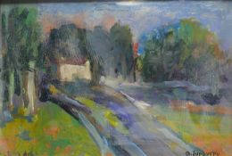 Mikhail Turovsky (Ukrainian, b.1933), Landscape study of a house down a lane, oil on board,