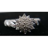 A 9ct white gold and diamond cluster ring of floral design, hallmarked