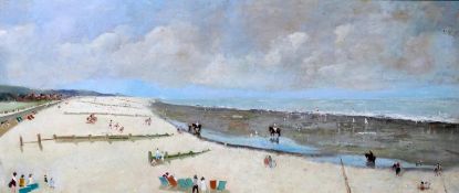 A large 20th century oil on board depicting a panoramic view of a beach, unsigned, 50 x 117cm