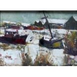 Piet Boelens (Belgian, 1924-2010), A Winter scene with boats in a snowy landscape, oil on board,