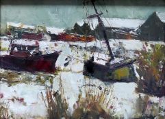 Piet Boelens (Belgian, 1924-2010), A Winter scene with boats in a snowy landscape, oil on board,