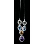 A sterling silver and gem-set drop necklace set with faceted amethyst, crystal, citrine, blue