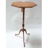 A 19th century satinwood hexagonal lamp table, with ebony inlay raised on tripod base, H.73cm