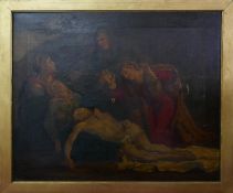 20th century school, The body of Jesus Christ attended by female mourners, oil on canvas, some