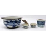 Four pieces of late 19th/early 20th century Chinese blue and white porcelain to include 3 cups and a