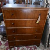 An early 20th century walnut chest of five drawers, raised on cabriole feet, H.101 W.77 D.46cm