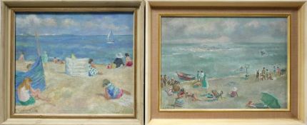 Two mid 20th century oils on boards depicting beach scenes, both signed C.H. Bagnoli