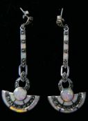A pair of sterling silver Art Deco style marcasite and opalite studded drop earrings, L: 6cm, 12.8g.