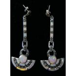 A pair of sterling silver Art Deco style marcasite and opalite studded drop earrings, L: 6cm, 12.8g.