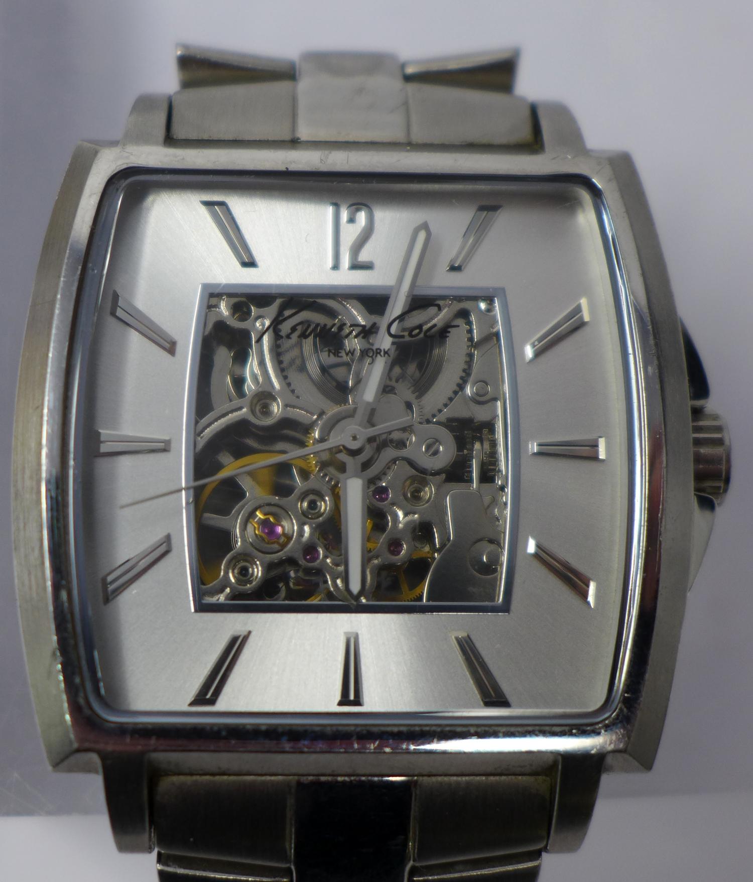 A Kenneth Cole gentleman's stainless steel wristwatch, skeleton dial with baton markers and Arabic - Image 3 of 3