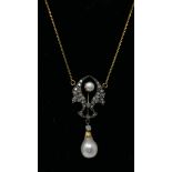 A boxed yellow gold drop necklace studded with diamonds and set with two white pearls, L: 50cm, 4.