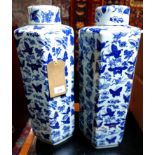 Two Chinese blue and white hexagonal vases, decorated with butterflies, H.54cm