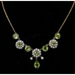 A boxed yellow gold, diamond, seed pearl and peridot cluster necklace, L: 48cm, 6.7g