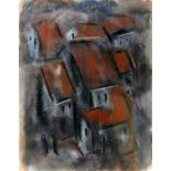 A framed and glazed pastel study, geometric rooftops, unsigned, H.25 W.20cm