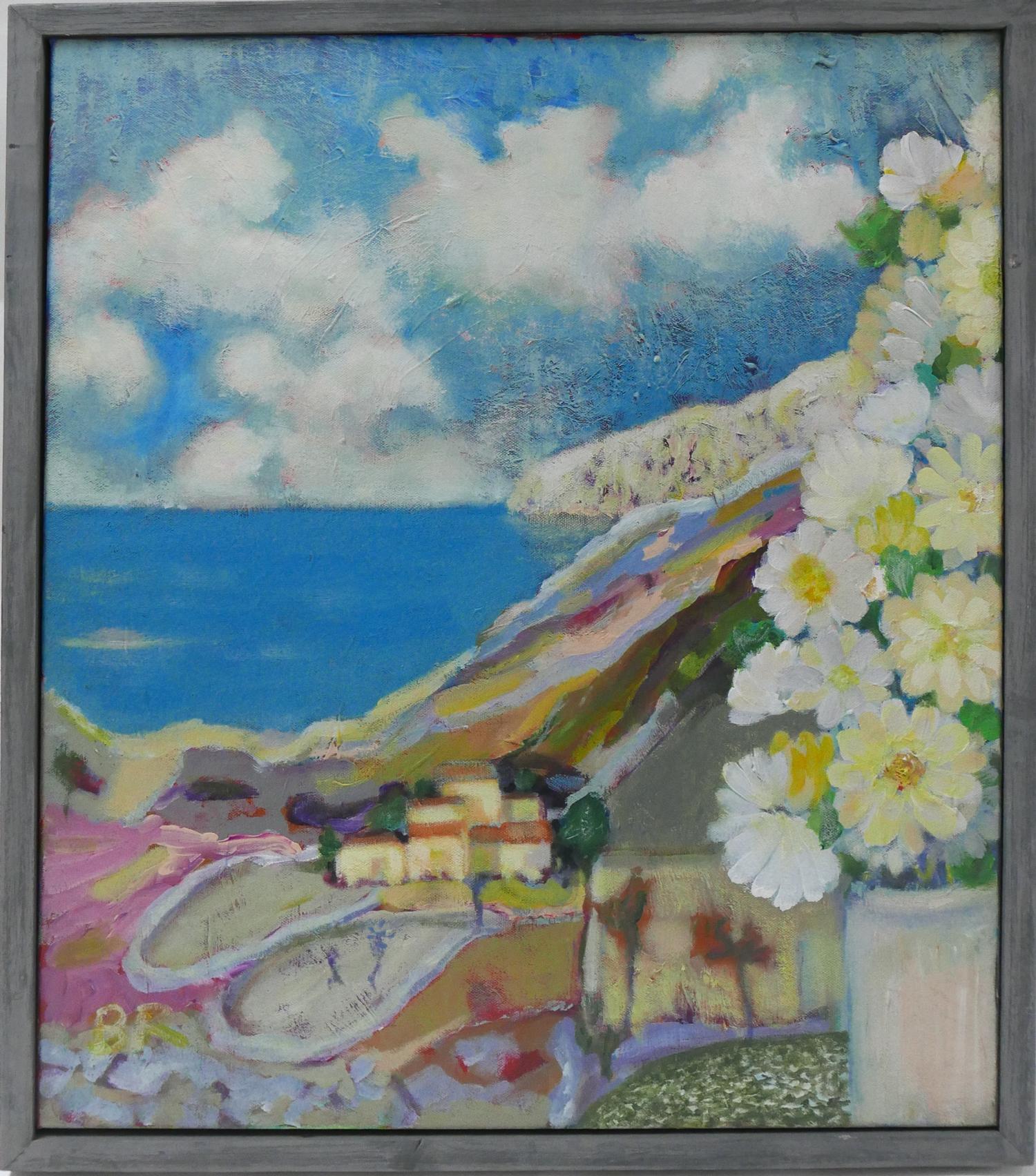 Contemporary school, a mountainous landscape with sea to background, monogrammed BR to lower left,