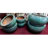 Two sets of three turquoise glazed plant pots, H.22cm Diameter 42cm (6)