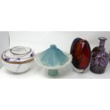 A Tessa Clegg glass bowl, together with a 19th century Nailsea glass bottle vase, two signed art