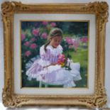 A Lillian Silva Le Fur painting of a young girl in a rose garden