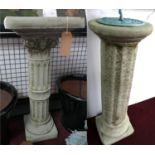 A reconstituted stone bird bath, on Corinthian column base, H.94cm, together with a reconstituted