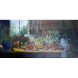 Pamela Hughes, Still life of flower and pots, oil on canvas, signed lower left, 31 x 61cm
