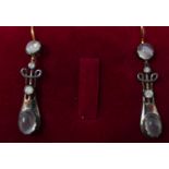A boxed pair of yellow gold, moonstone and diamond drop earrings, L: 4.3cm, 3.2g.