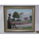 Konstnaren Lolle Jungberg (Danish school), Statue by a Church, oil on canvas, signed lower right, 39