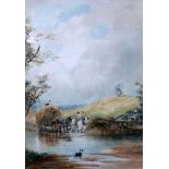 David Whittle, a hay cart crossing a river with windmill in background, watercolour, signed lower