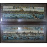 Two prints on textile of views of London and Amsterdam, both framed and glazed, 30 x 100cm