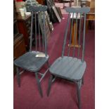 Two painted stick back dining chairs