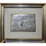 An Italian silver plaque depicting a harbour scene, marked 925, limited edition, framed and