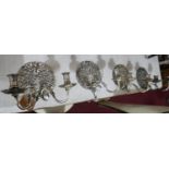 A set of four Art Nouveau silver plated wall sconces, the two branches with beast decoration, H.20cm