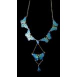 A sterling silver and enamelled buttefly drop necklace composed of 5 butterflies in shades of