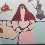 An acrylic on board of a Middle Eastern lady with figures and building to background, 122 x 123cm