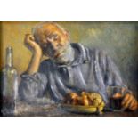 An oil on board portrait of an old man sleeping at a table, monogrammed JG to lower right, in gilt