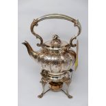 An English silver plated kettle on stand with spirit burner, the makers mark is a parrot