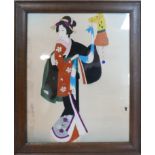 An early 20th century Japanese watercolour on silk of a Geisha dancing with a puppet, signed and