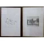 An etching of a man training a horse, signed in pencil, dated 1973 and numbered 12/50, 23 x 24cm,