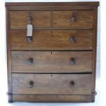 A Victorian mahogany chest, two short over three long drawers, raised on bun feet, H.111 W.99 D.47cm