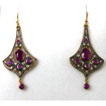 A pair of boxed yellow gold, ruby and diamond drop earrings, L: 4.5cm, 4.8g.