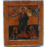 A Russian icon depicting Jesus to center flanked by Cherubim and Seraphim and with two kneeling