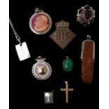 A red box containing antique jewellery items to include a 9ct yellow gold cross pendant, 2g, with an