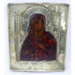 A Russian icon of the Vladimirskaya Mother of God, tempera on wood panel with brass oklad, 28 x 23cm