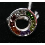 A sterling silver circular ring set with round, faceted amethysts, citrines, garnets, crystals,
