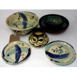 Six studio pottery bowls/dishes, some signed